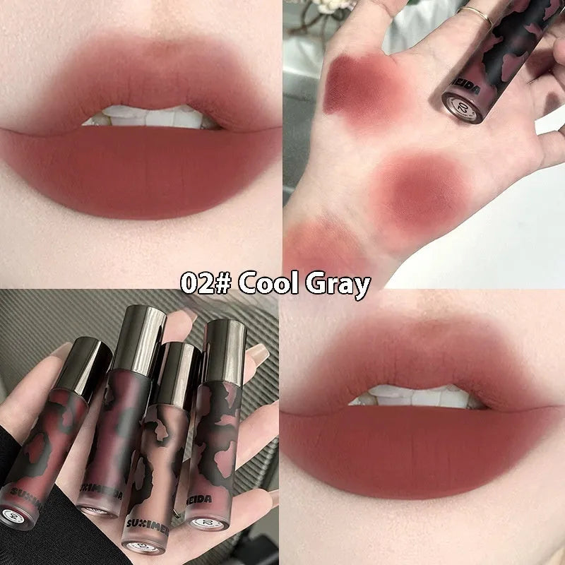 Matte lip mud lipstick tube showing five colour shades including orange brown coffee and cool grey