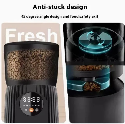 Black intelligent pet feeder with USB cable connection and food dispenser opening