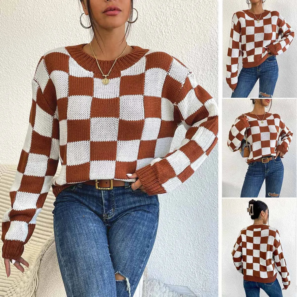Dark brown plaid acrylic pullover sweater with loose round neck and long sleeves