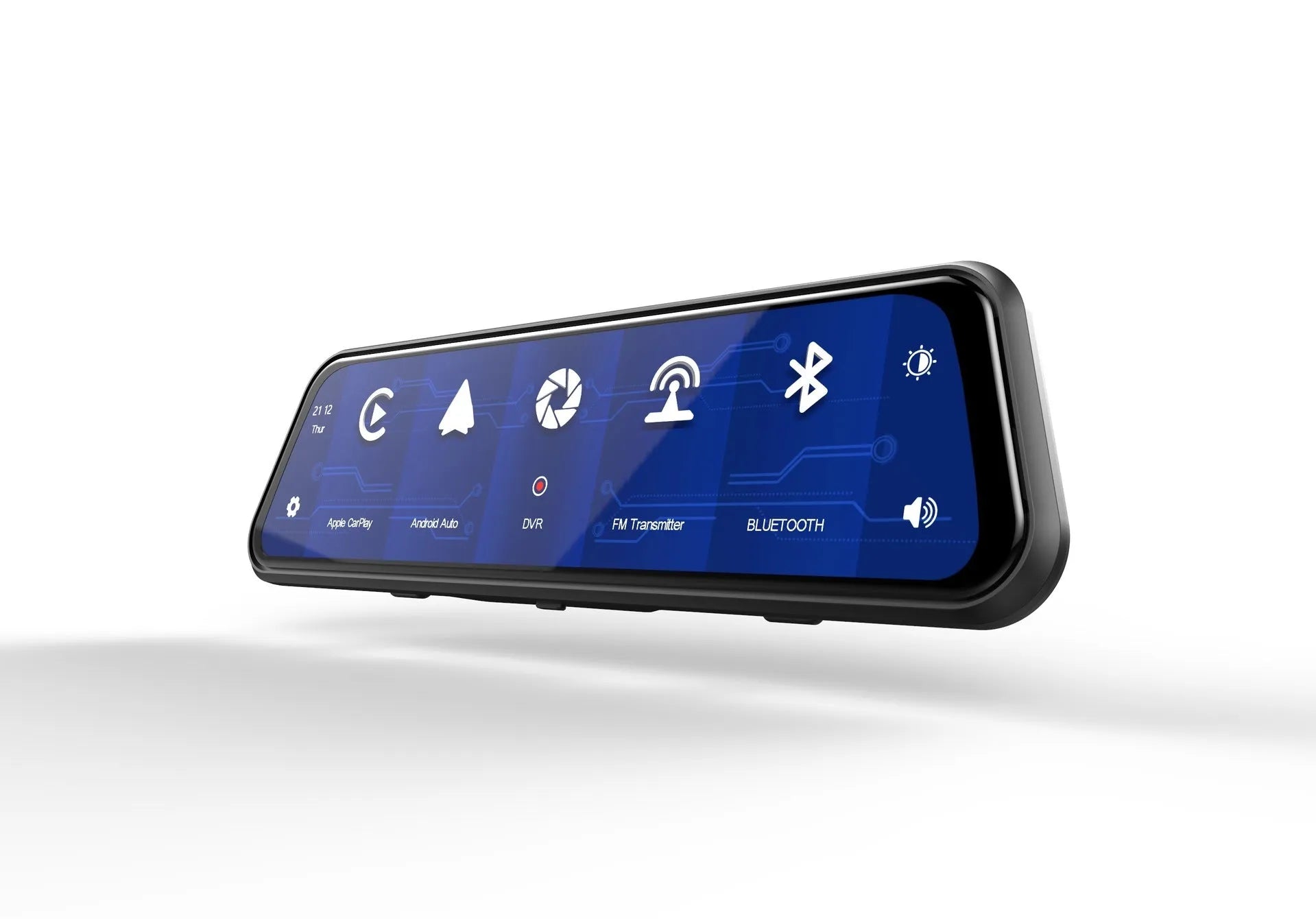 Black dual-lens driving recorder with 9.66-inch screen mounted on a car rearview mirror.