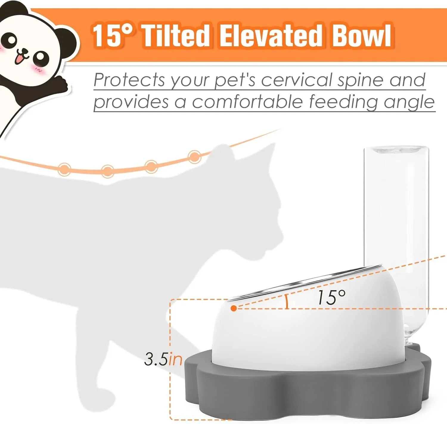 Grey panda-shaped pet feeder with tilted stainless steel bowl and automatic water bottle