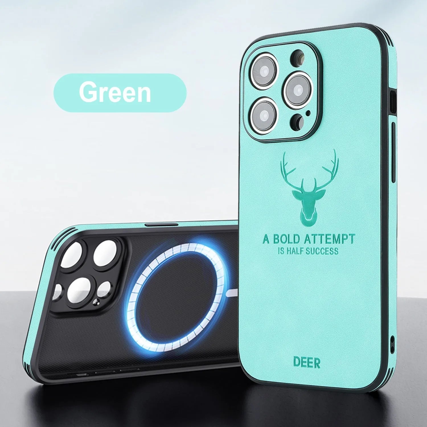 iPhone 16 magnetic charging case with 3D embossed moose head design in imitation leather