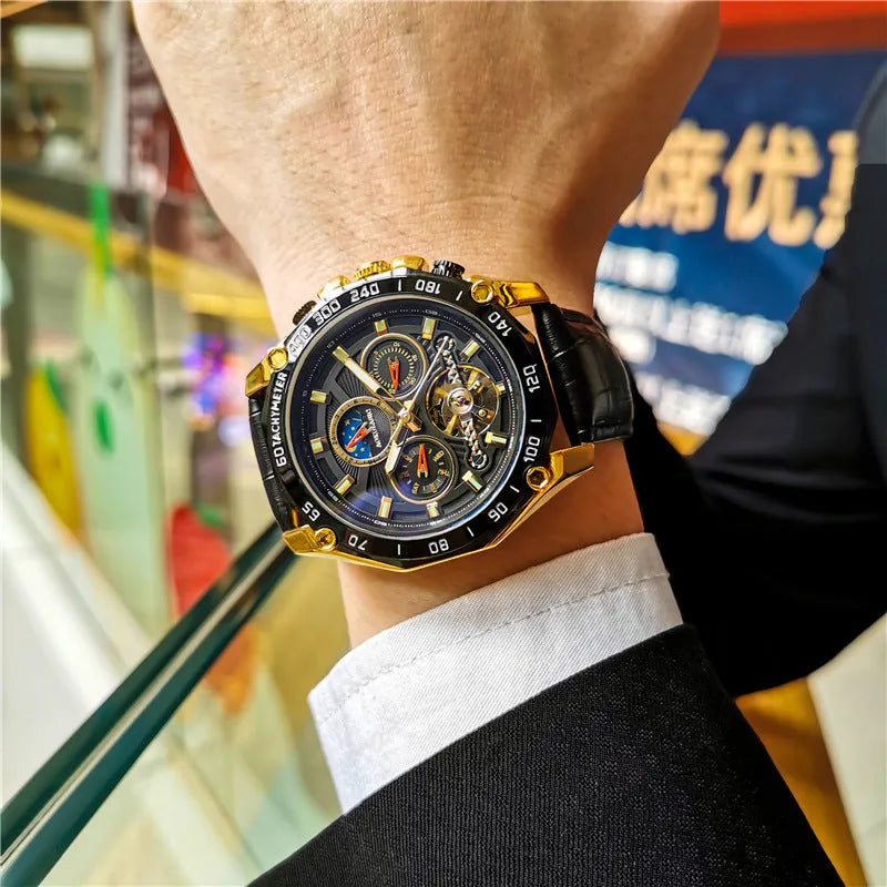 Automatic mechanical mens watch with silver stainless steel case and black dial