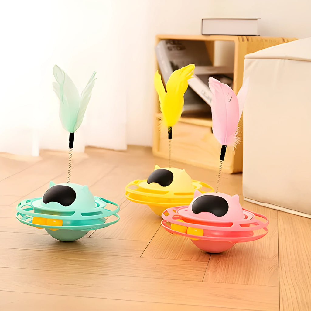 Pink cat toy tumbler turntable with self-hi motion and push lever for interactive pet play