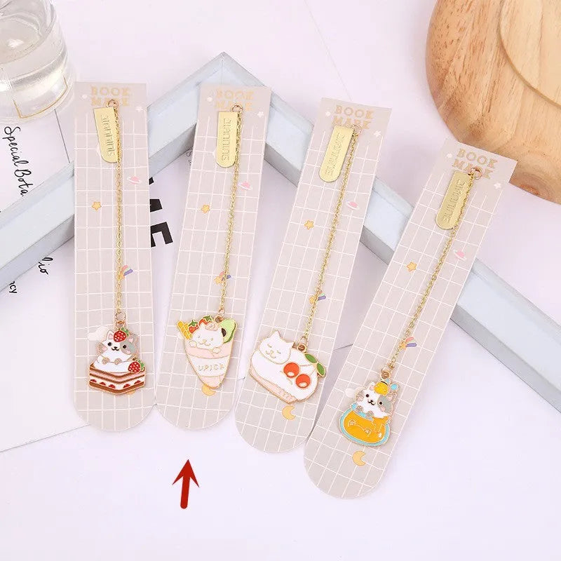 Jane Lime foodie cat metal bookmark with cartoon pendant in one of four food-themed designs
