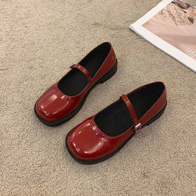 Solid colour women's French vintage PU leather shoes with flat heel and round toe