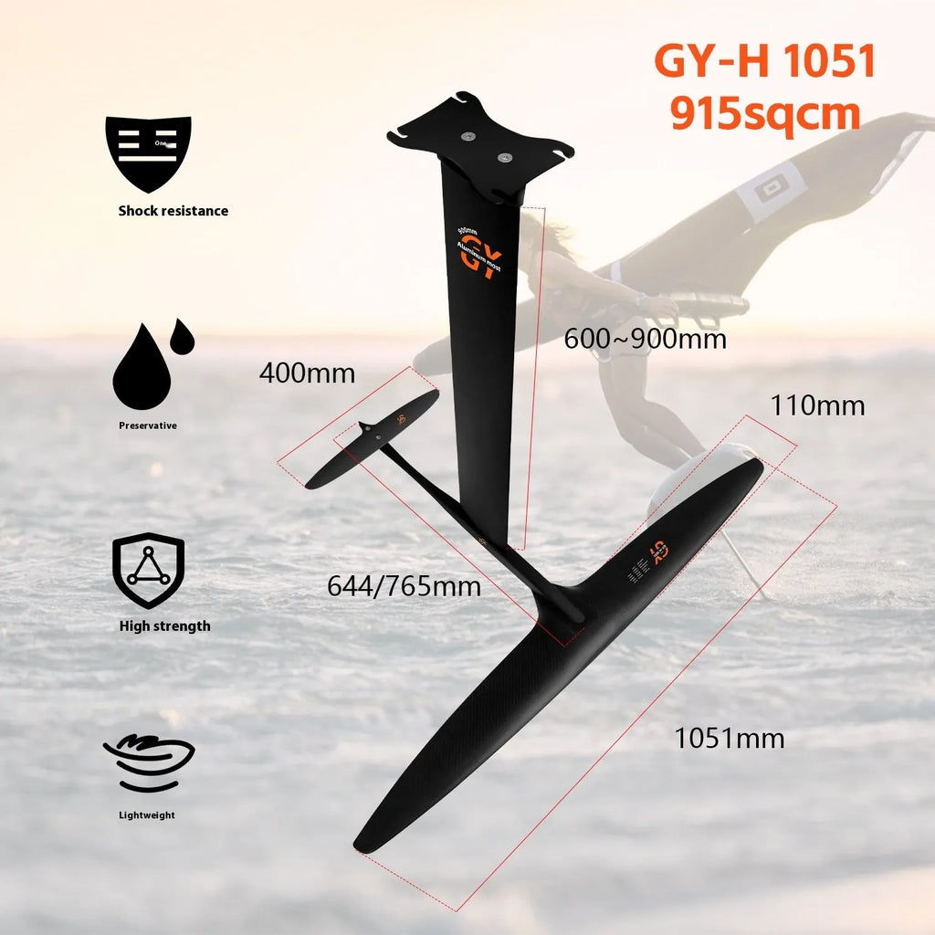 Black carbon fibre hydrofoil surfboard with aluminium alloy components for racing performance