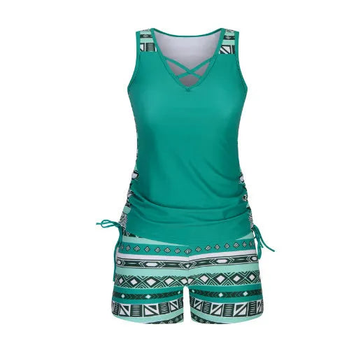Women's blue floral printed lace two-piece bikini swimsuit on a mannequin.