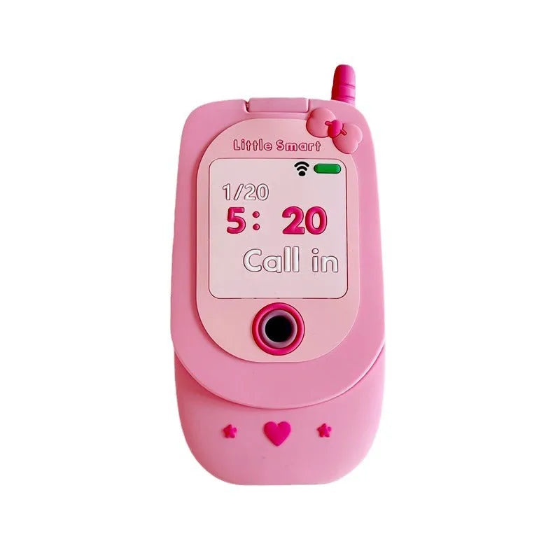 Pink silicone flip phone-shaped iPhone case with a built-in mirror and cute cartoon design.