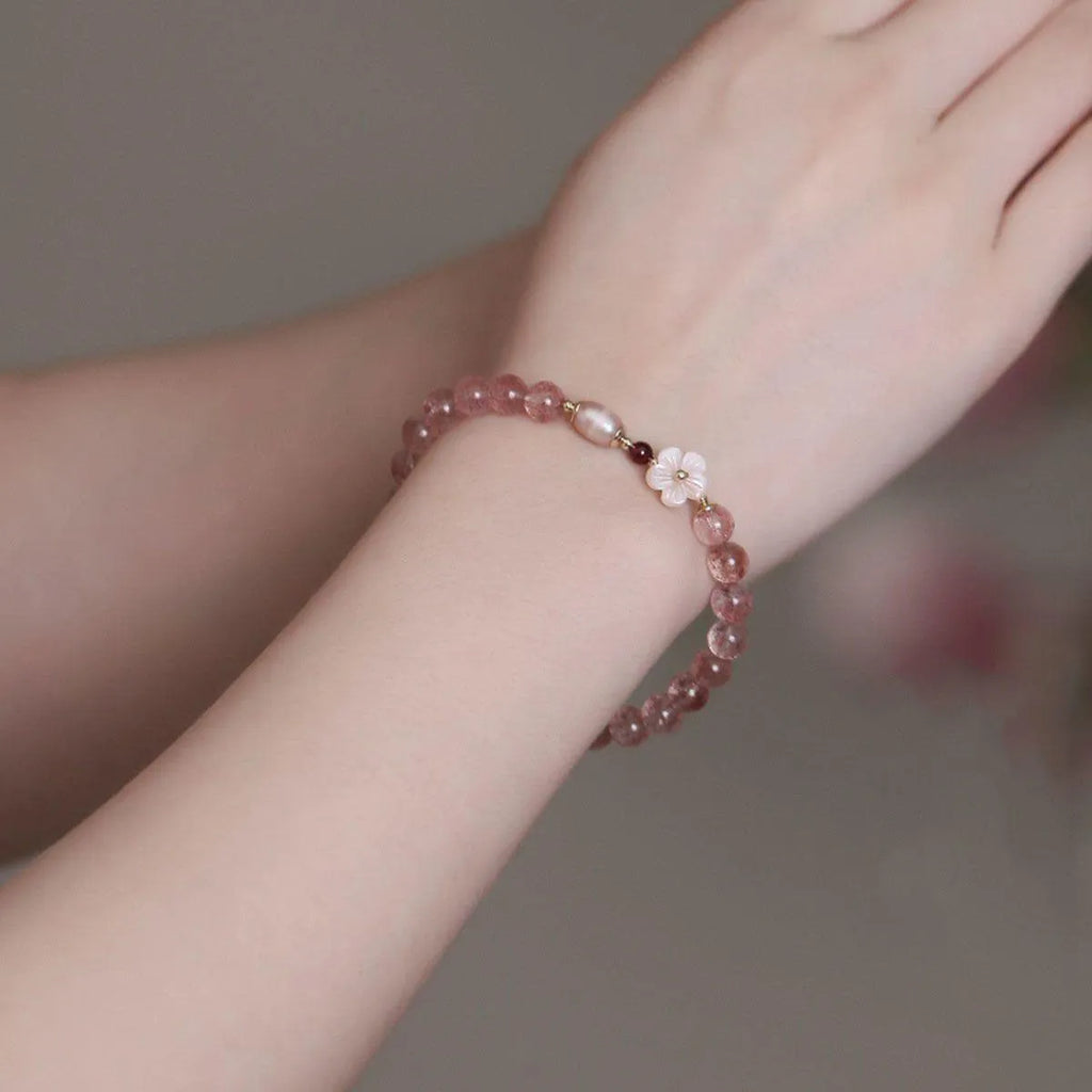 Clear crystal bracelet with floral peach blossom charm for women's casual jewellery