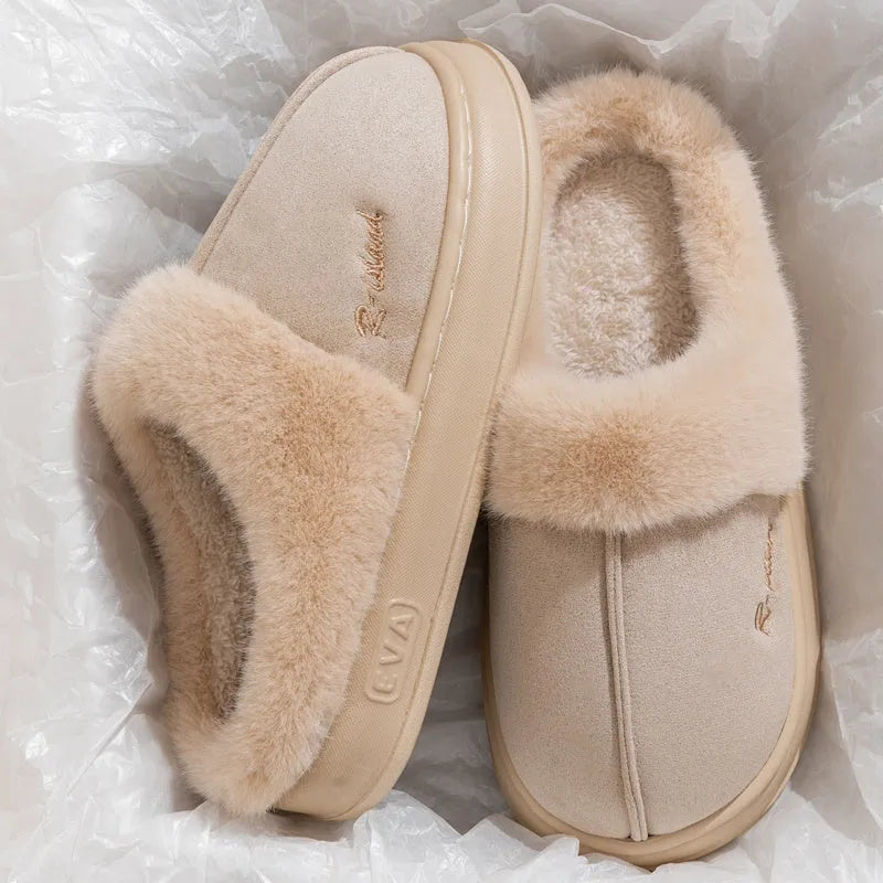 Fluffy winter slippers in gray with non-slip PVC sole, suitable for indoor home wear by men and women