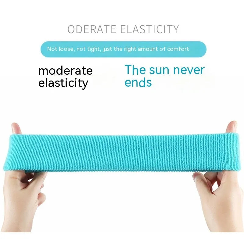 Solid colour sports anti sweat band with elastic widening design shown in black, red, blue, rose red, and sky blue.