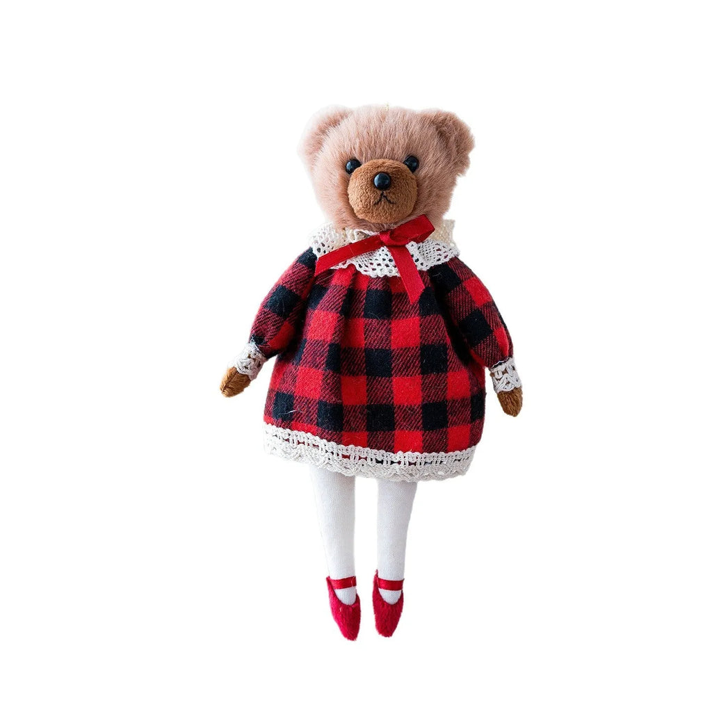 Couple plush bear dolls in cotton plaid suits showing gentleman and princess bear characters