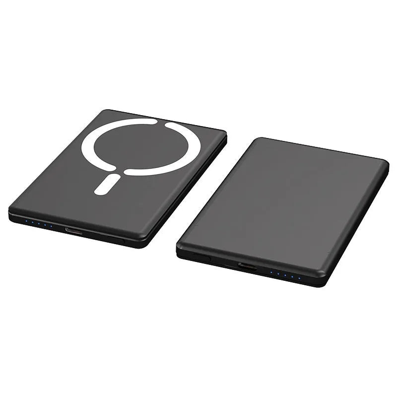 Ultra-thin magnetic power bank in dark gray, silver, black, or violet colour with alloy shell.