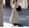 Women's square collar knitted dress with elastic waist and A-line long skirt in black or grey