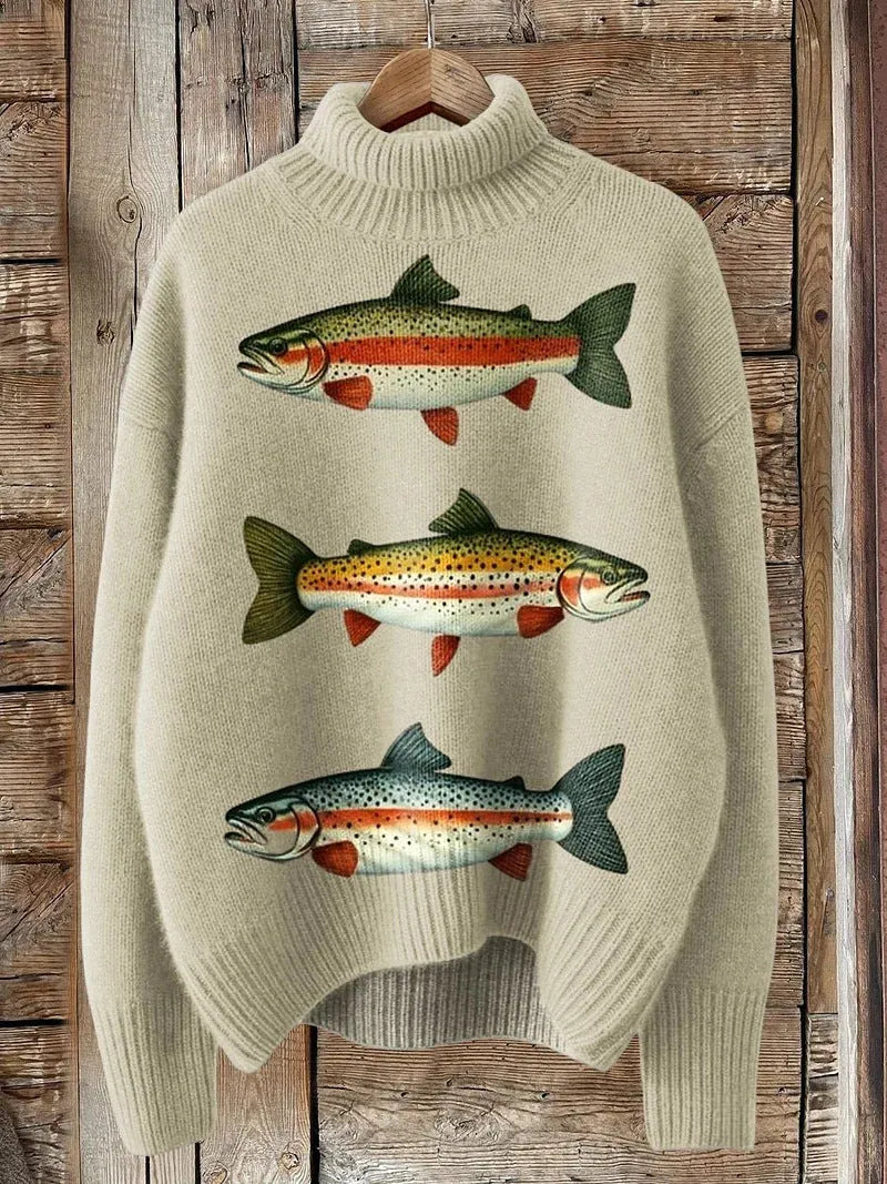 Women's Christmas printed turtleneck sweater showing painting pattern and loose fit