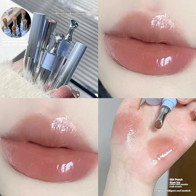 Mirror Water Light Fashion Personality Lip Gloss Lipstick case in one of six Ice shades: Almond, Silver, Pear, Raspberry, Peach Gum, or Pomegranate.