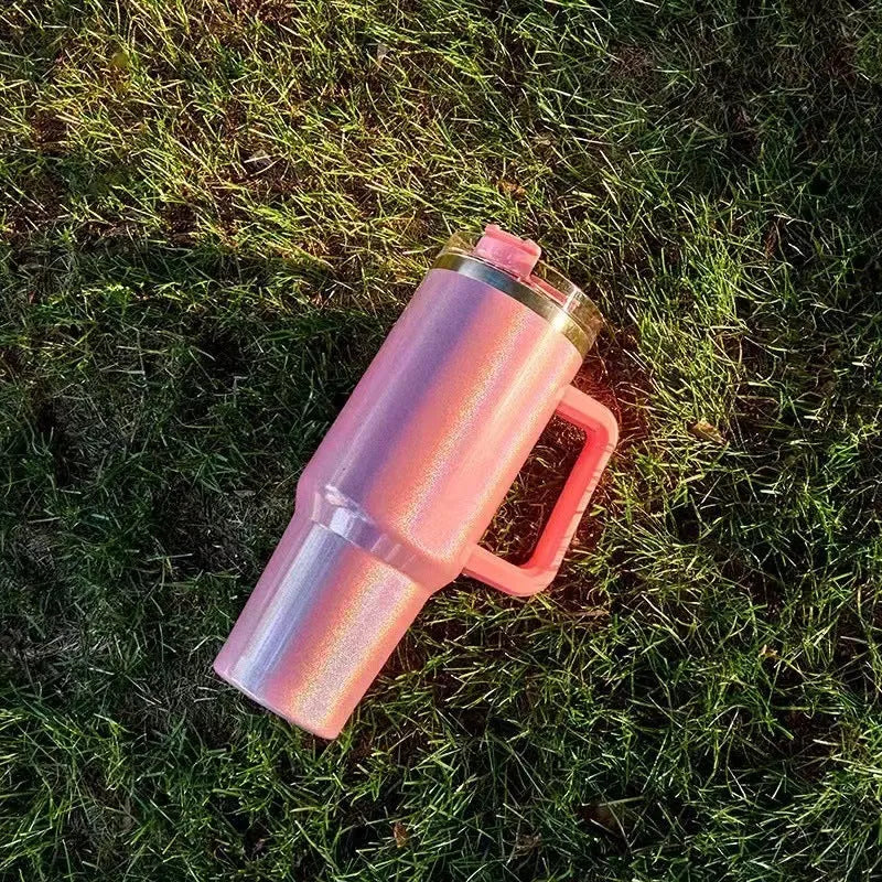 Large stainless steel vacuum insulation cup in rainbow gradient colour with 27.5cm height