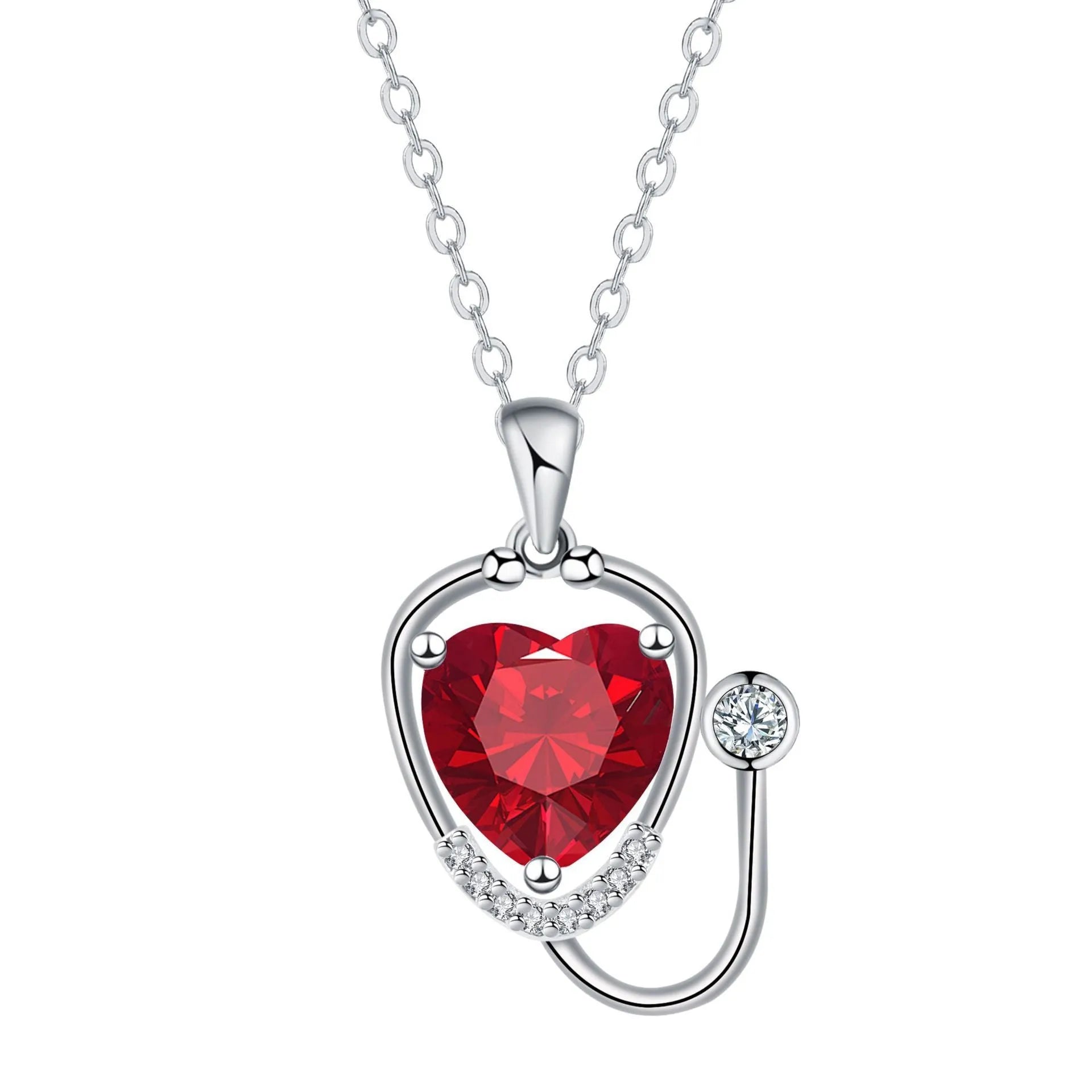 Women's fashion necklace with wings, cross and stethoscope design in red diamond colour on copper
