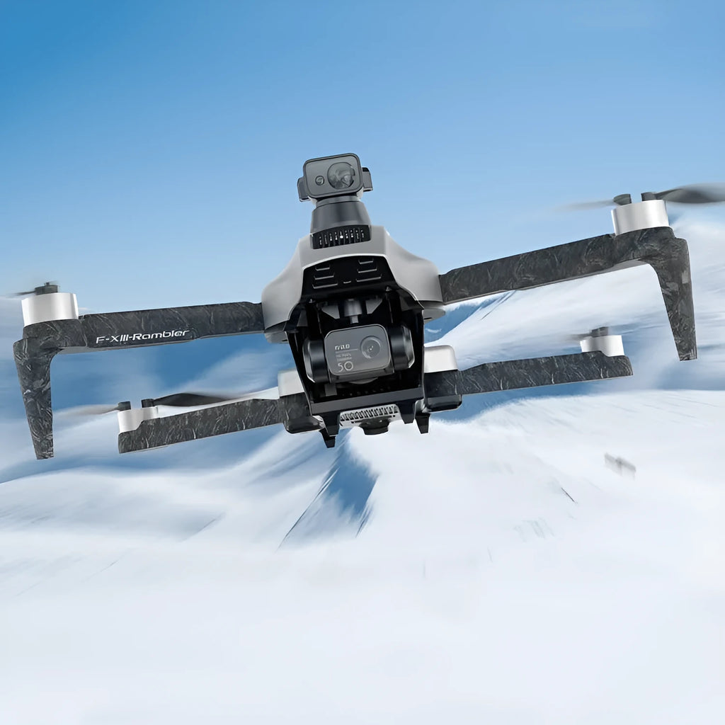 White brushless folding quadcopter drone with obstacle avoidance sensors and 4K camera shown in shoulder bag