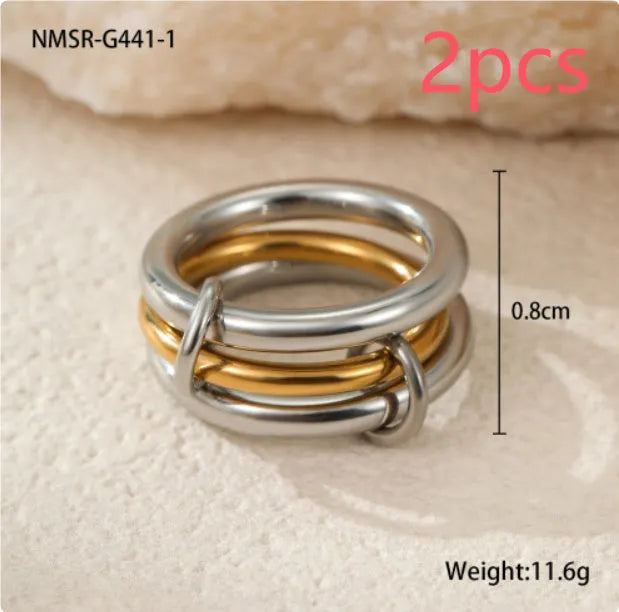 Stacked colour matching stainless steel ring set with 18K gold plating in free size