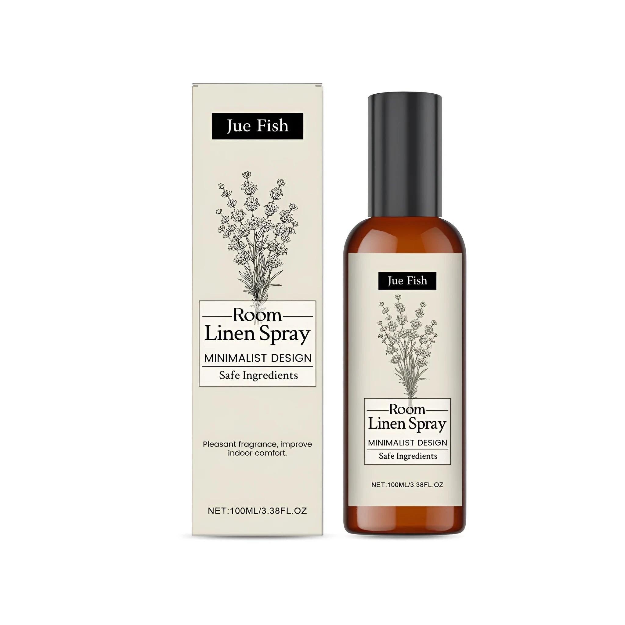 100ml bottle of lavender-scented indoor fragrance spray with a spray pump, labelled with ingredient list.