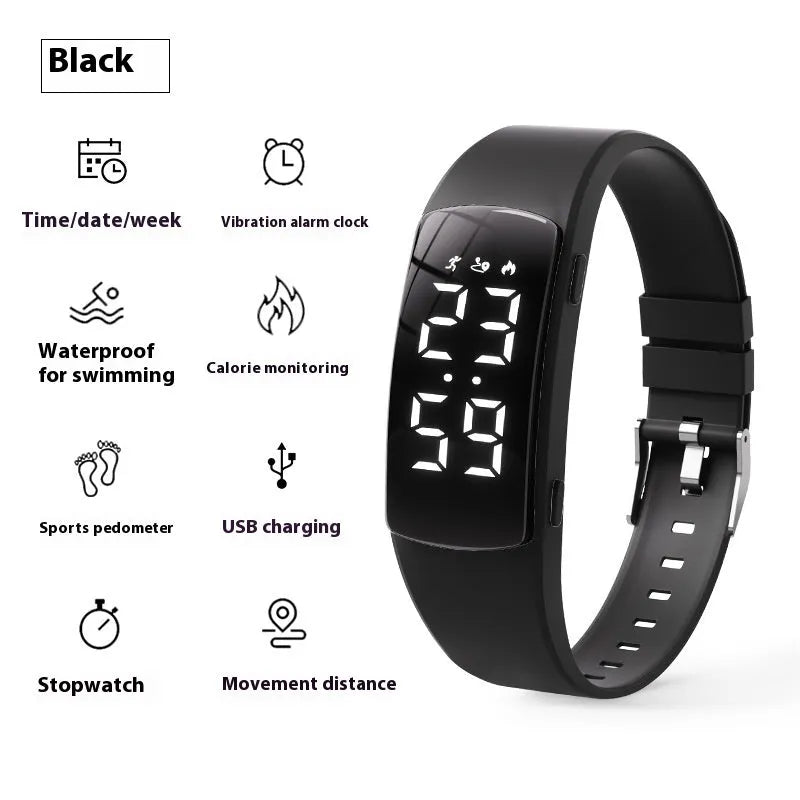 Vibration alarm clock watch with LED display on silicone strap showing multiple colour options