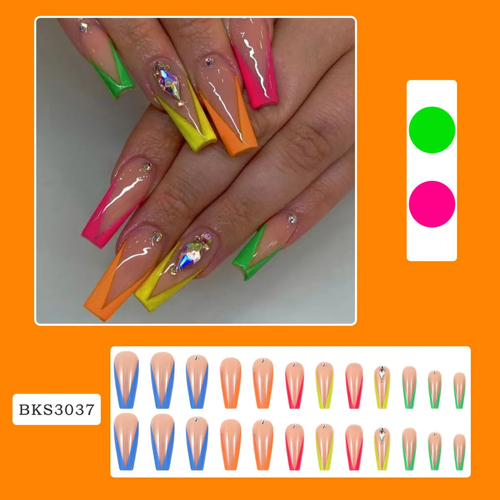 Detachable artificial nail tips with red cartoon love heart and cross design on diamond French colour background.