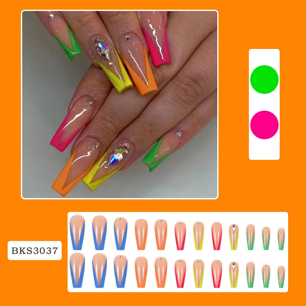 Detachable artificial nail tips with red cartoon love heart and cross design on diamond French colour background.