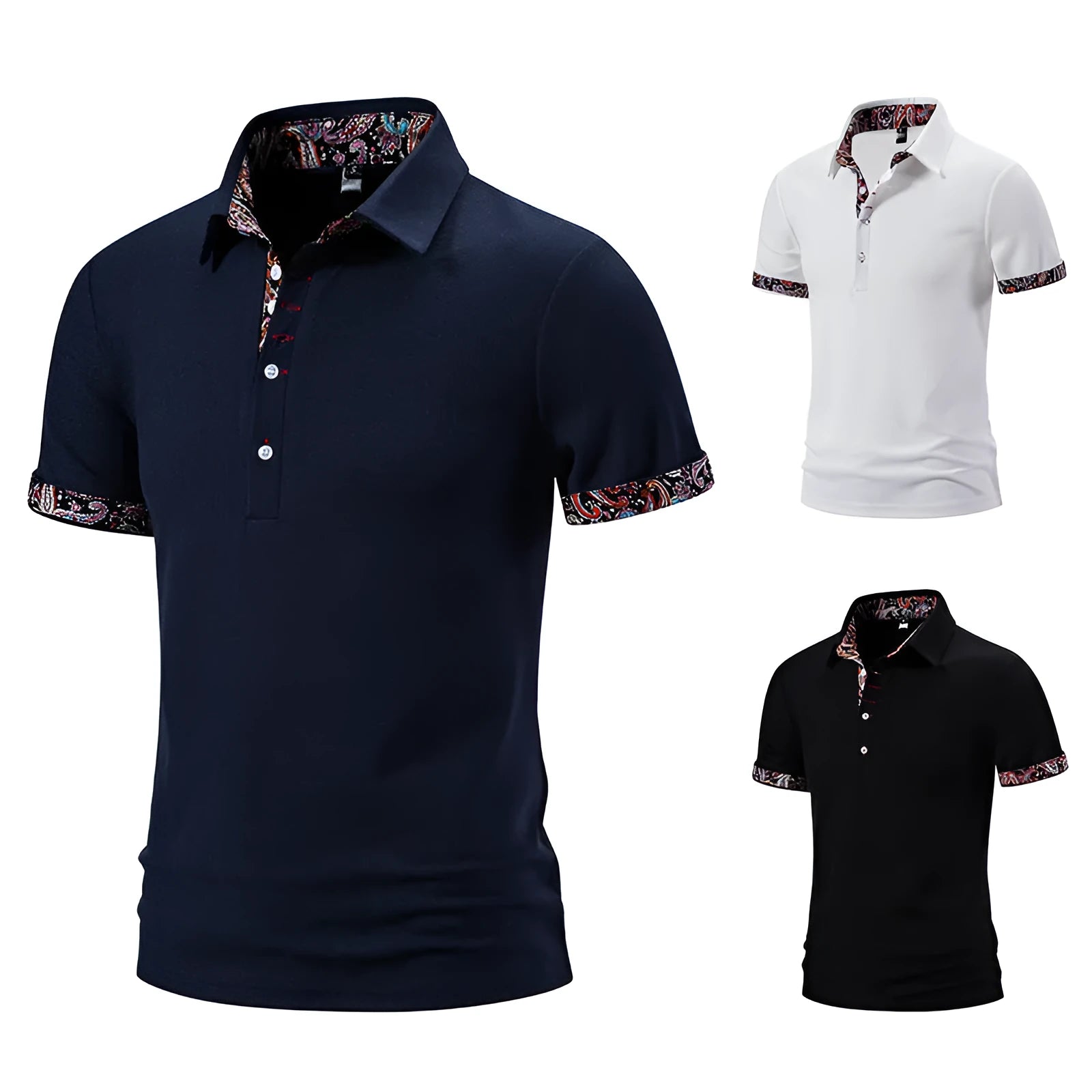 Men's white short sleeve polo shirt with colour stitching on the turnover neck collar