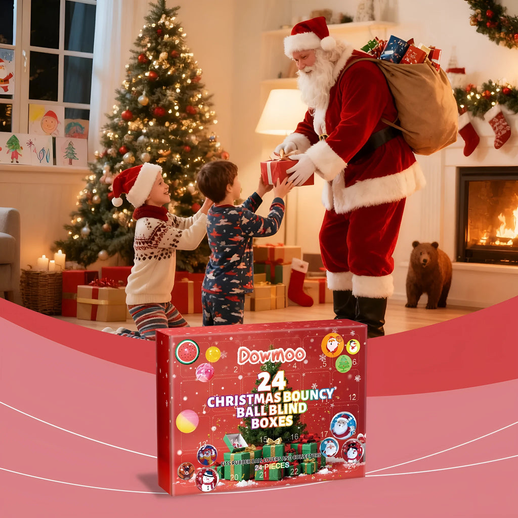 24 Christmas bouncy ball blind boxes in bulk pack with festive designs on rubber balls