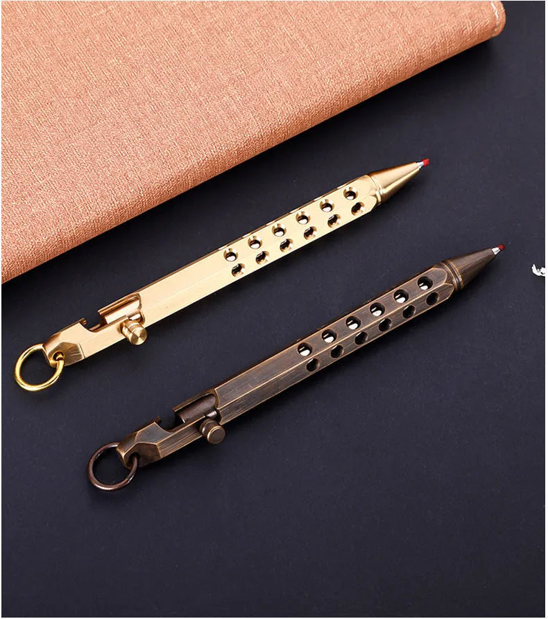 Brass hexagonal bolt rollerball pen with six-sided barrel and 0.5mm writing tip