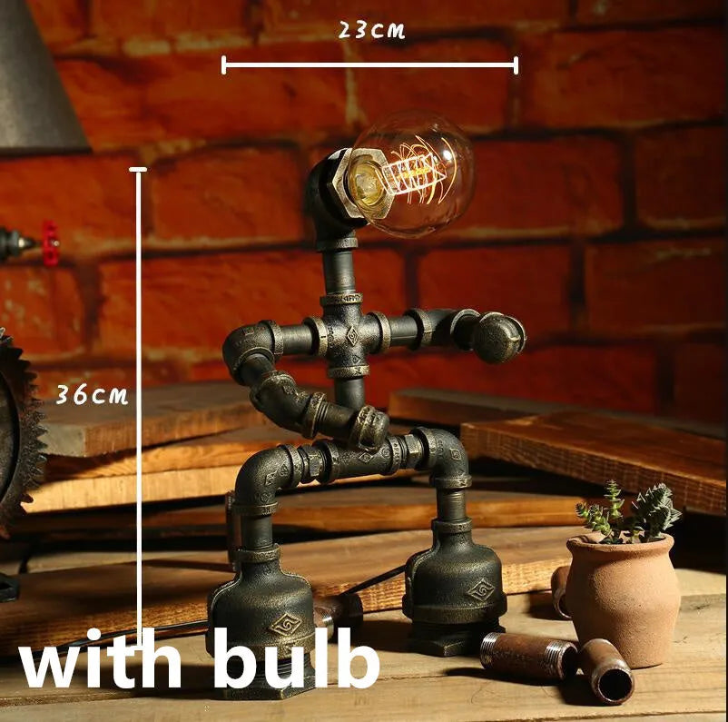 Vintage industrial robot table lamp with iron pipe design and water pipe light filtering