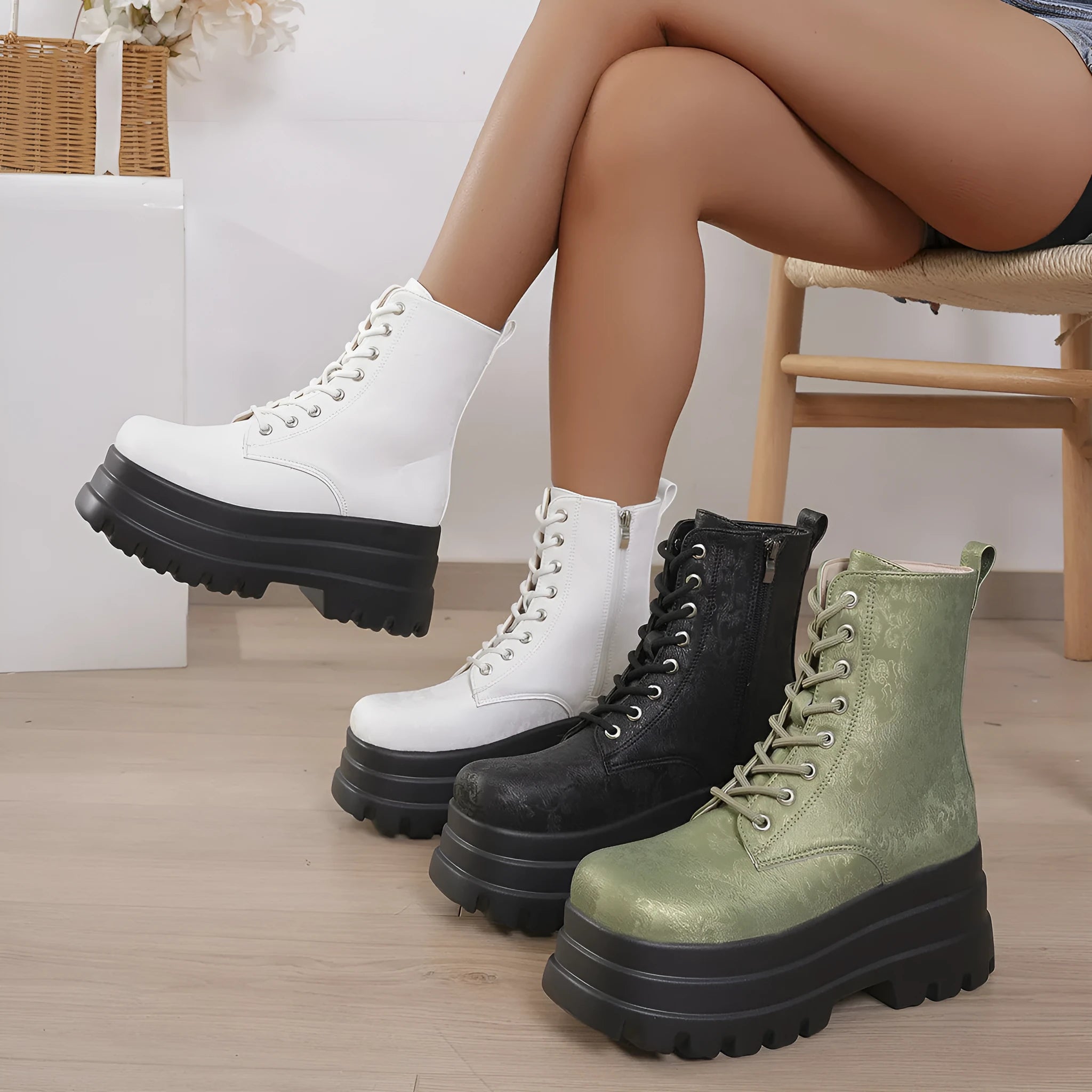 Women's black retro platform boots with patchwork round toe and side zip.
