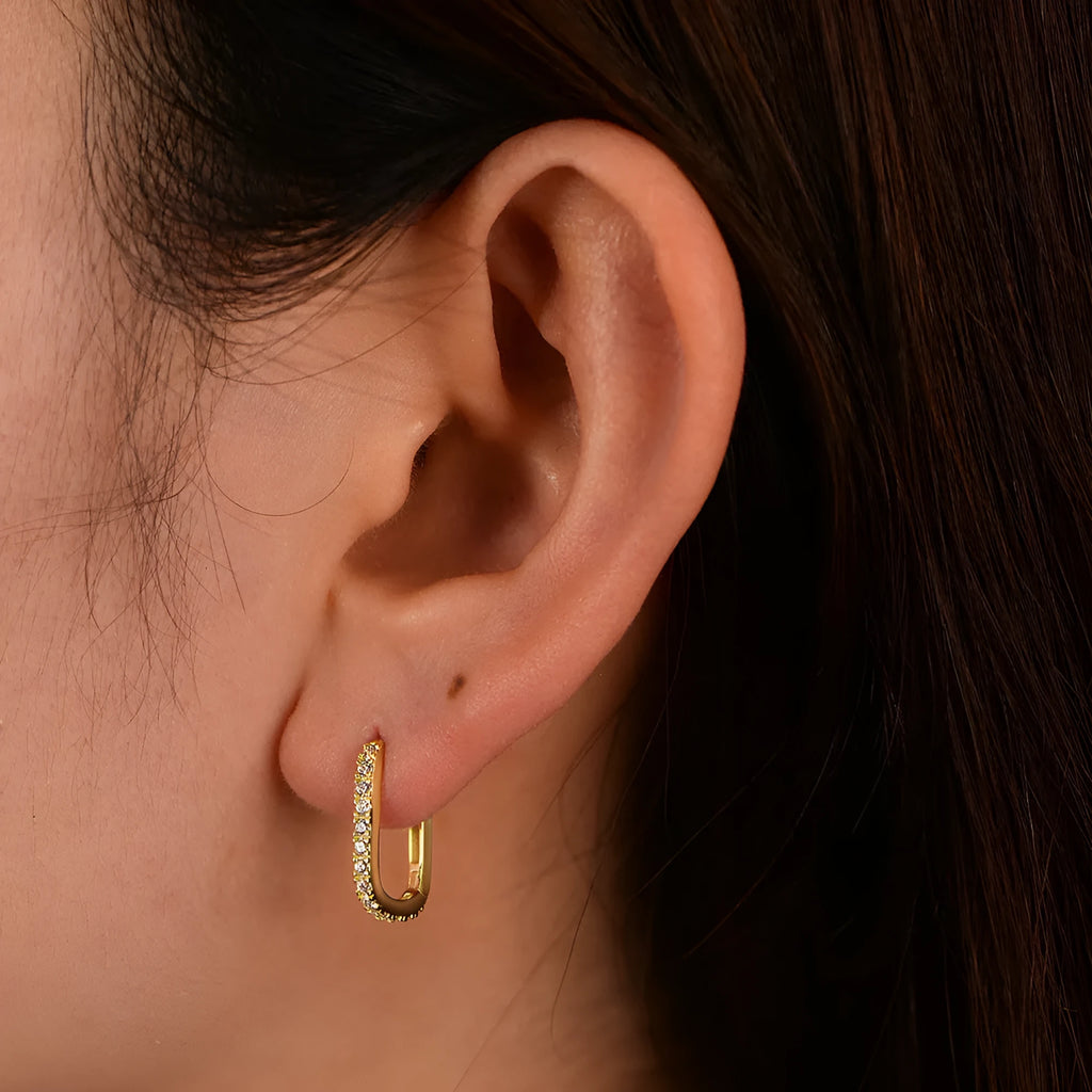 S925 sterling silver oval zircon ear clips with geometric quadrilateral design