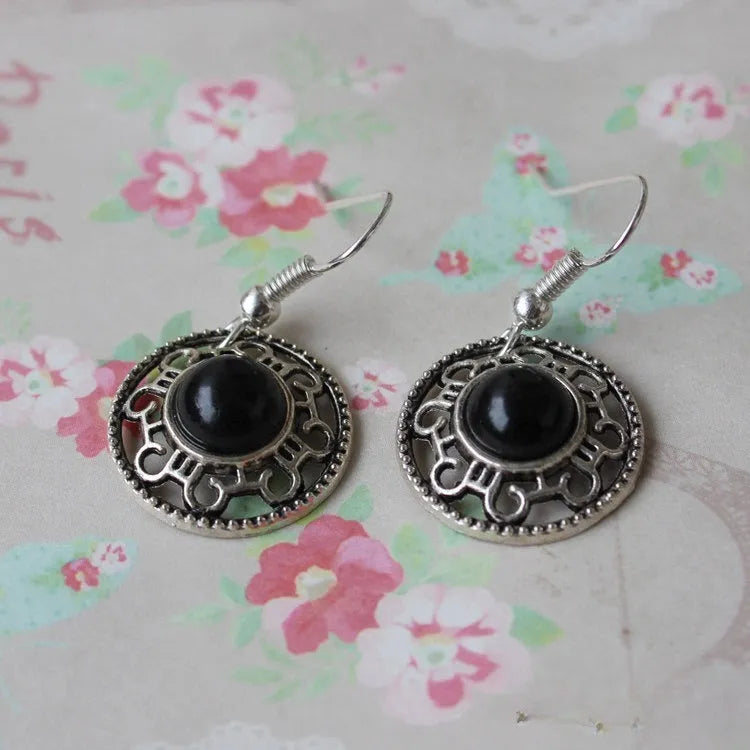 Handmade Miao silver ethnic earrings with turquoise flower disk geometry design