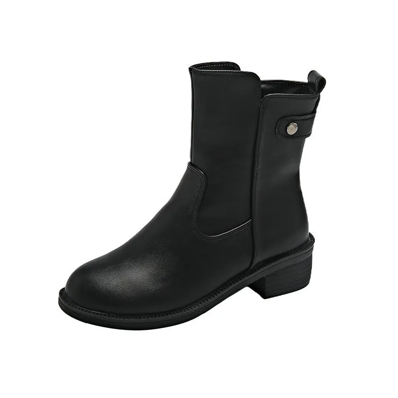 Black women's short boots with a low round toe and side zip, shown on a white background.