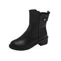 Black women's short boots with a low round toe and side zip, shown on a white background.