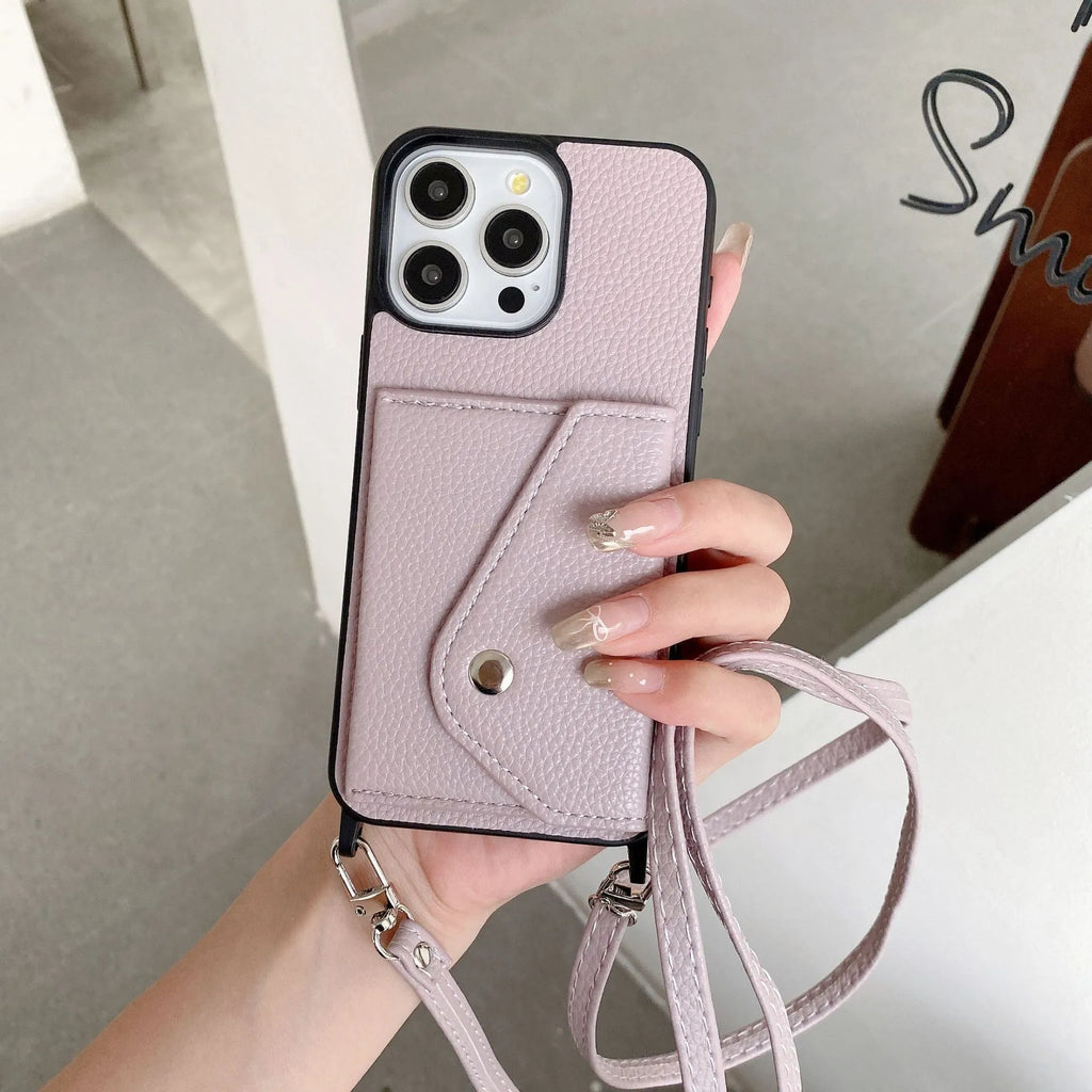 Lychee pattern crossbody phone case with card holder for iPhone 14
