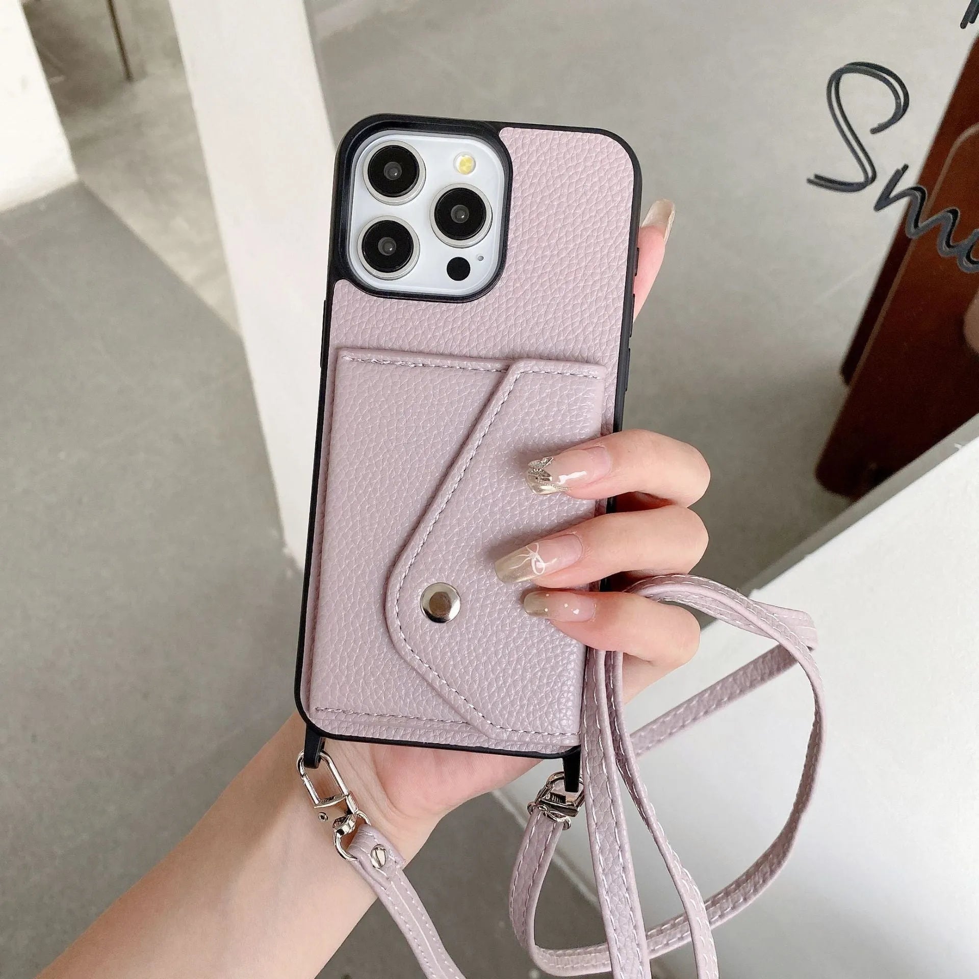 Lychee pattern crossbody phone case with card holder for iPhone 14