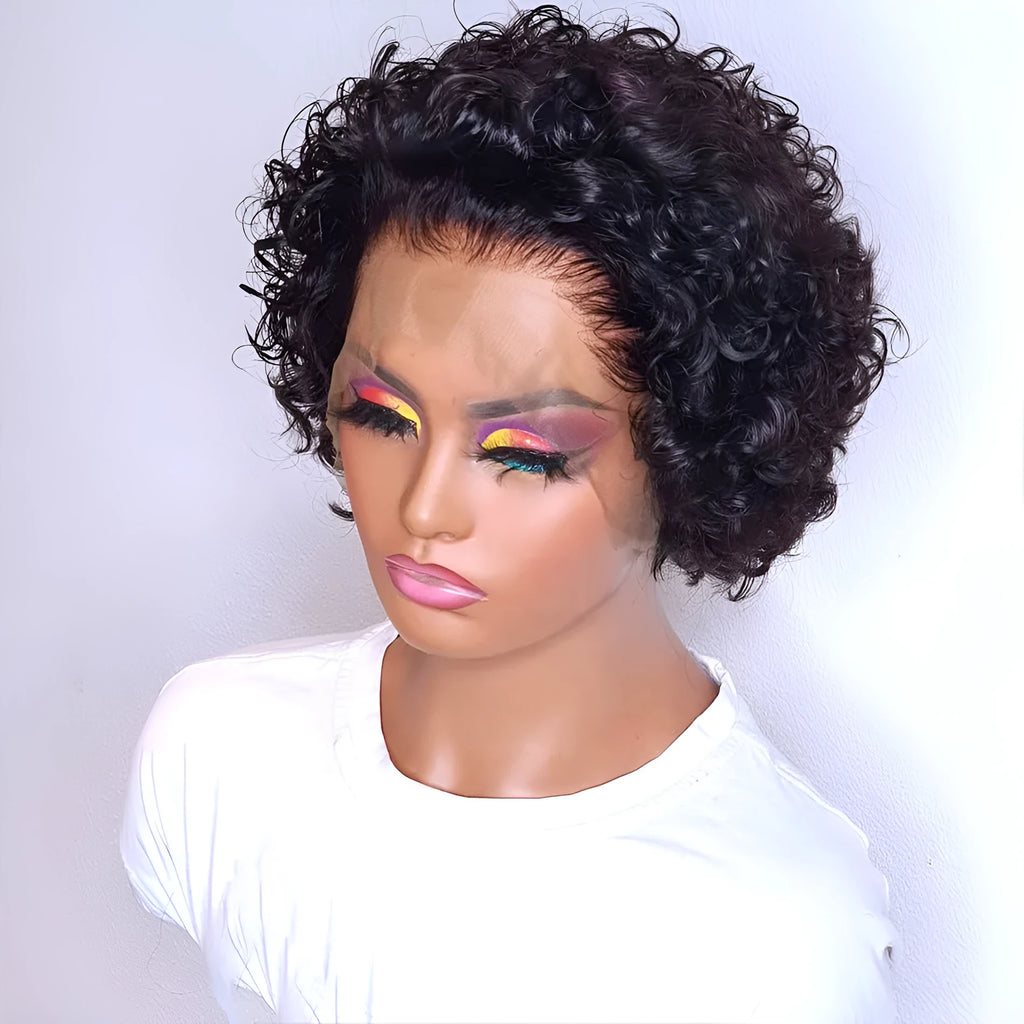 Black human hair pixie wig with lace cover in 13x1 colour