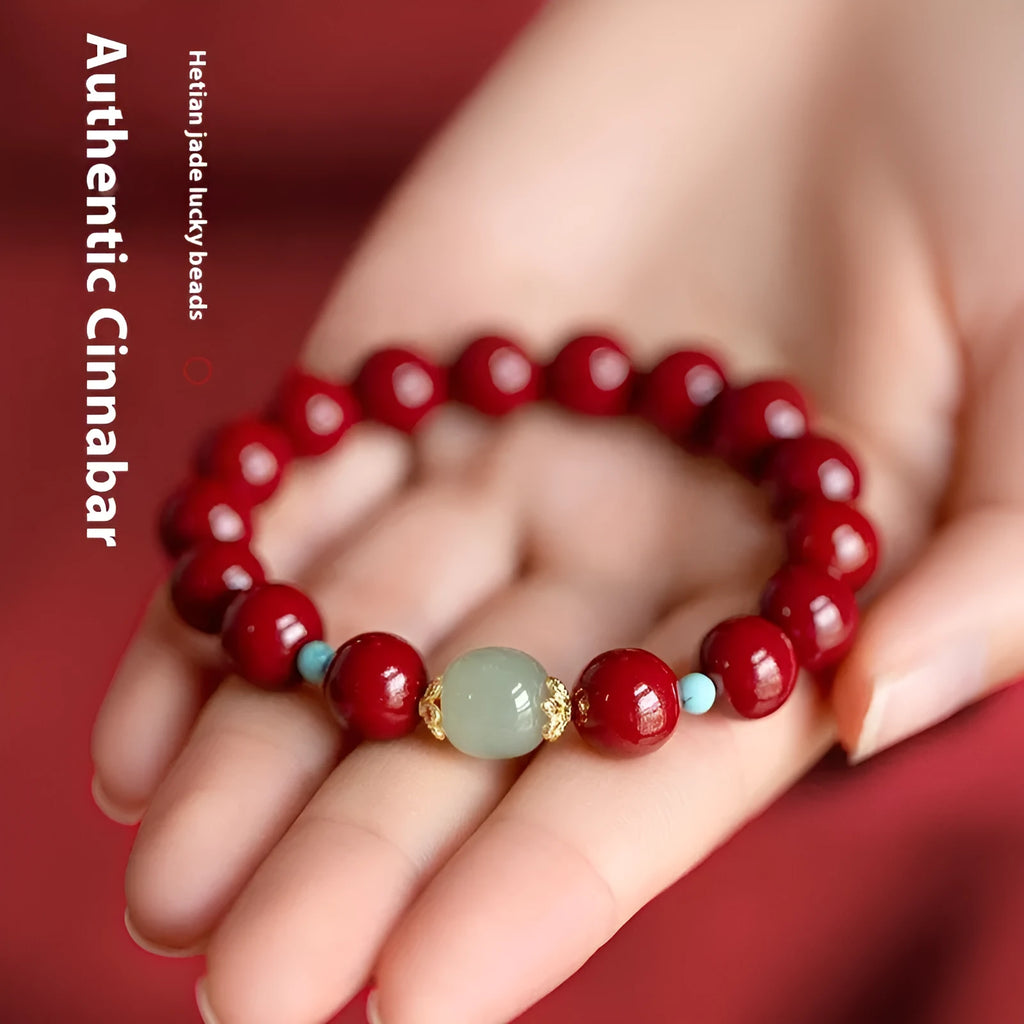 Purple Gold Sand cinnabar and Hetian jade bead bracelet with geometric shapes in 6mm, 8mm, and 10mm sizes.