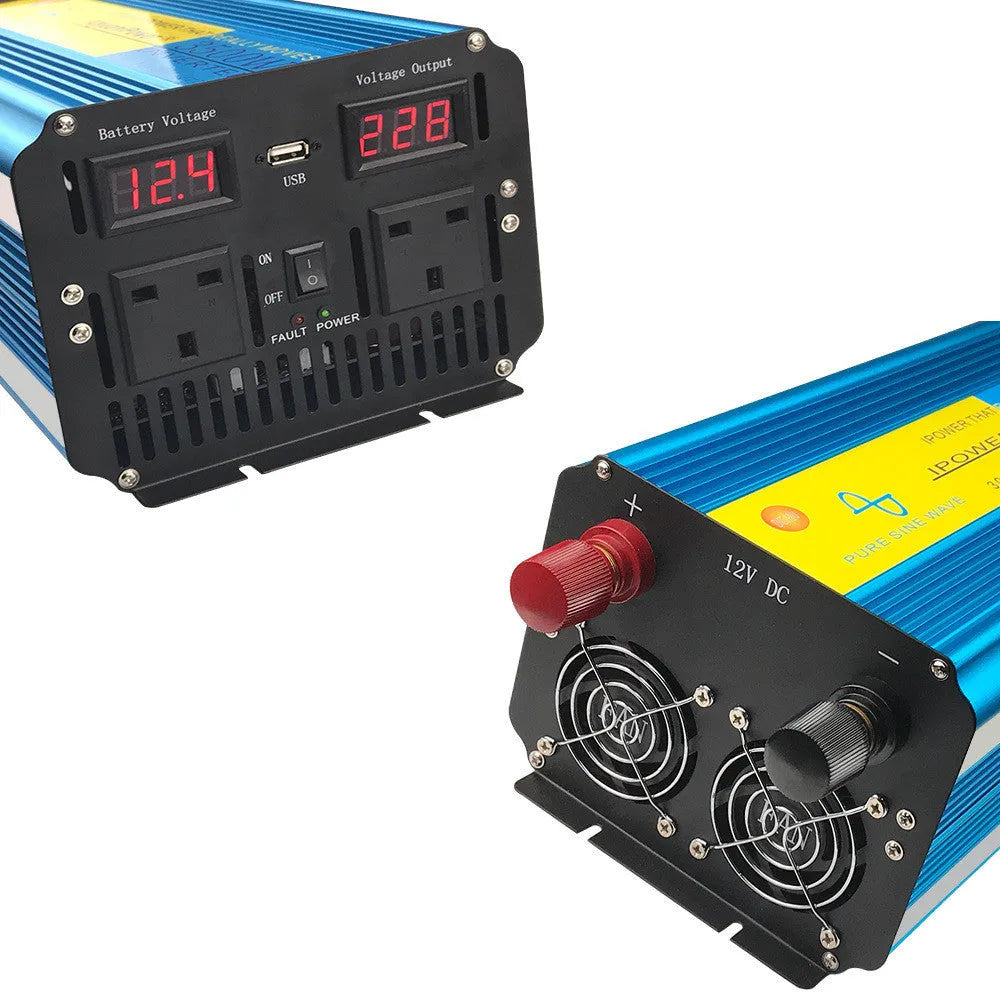 Blue 3000W pure sine wave power inverter with digital display and UK socket, remote control included.