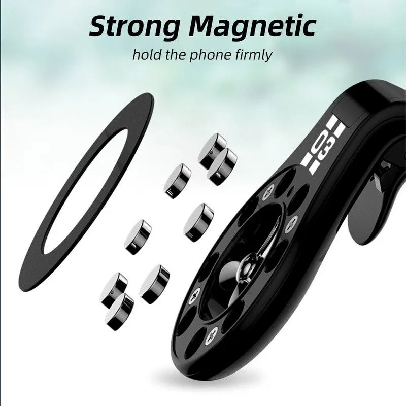 Magnetic car air vent phone holder with perfume dispenser in black, showing phone attached and fragrance slot.