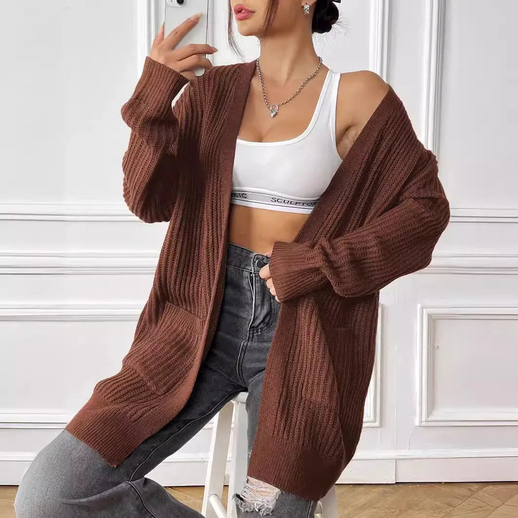 Women's dark green acrylic cardigan with double pockets and mid-length 65cm loose fit