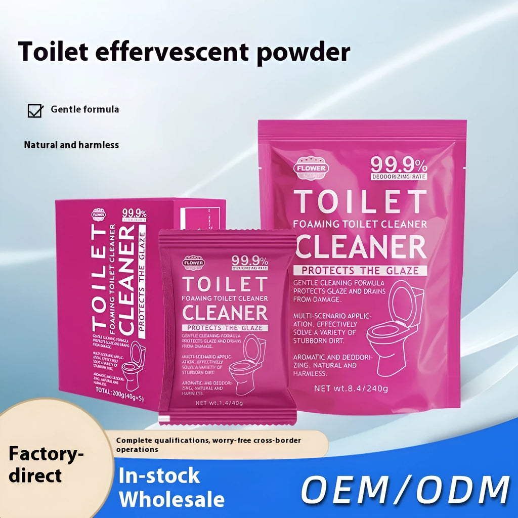 Toilet bubble descaling and anti-blocking powder in blue or pink fragrance, showing box of sachets and large bag options.