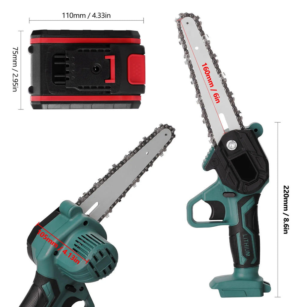 Black one-hand mini electric chainsaw with 4-inch guide bar on a workbench.