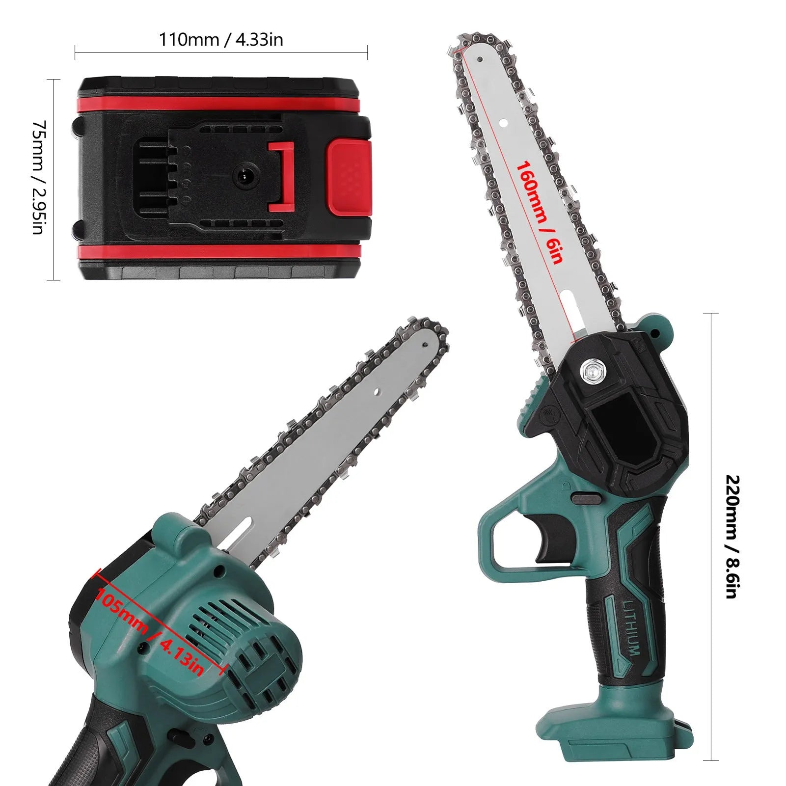 Black one-hand mini electric chainsaw with 4-inch guide bar on a workbench.