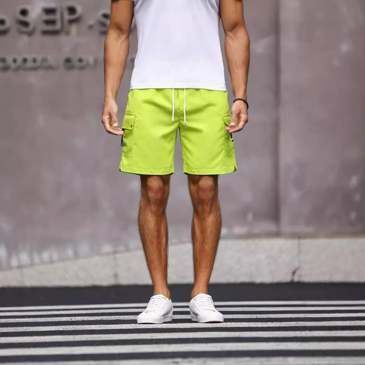 Men's loose fit work shorts in cool silk cotton fabric, available in fluorescent green and army green colours