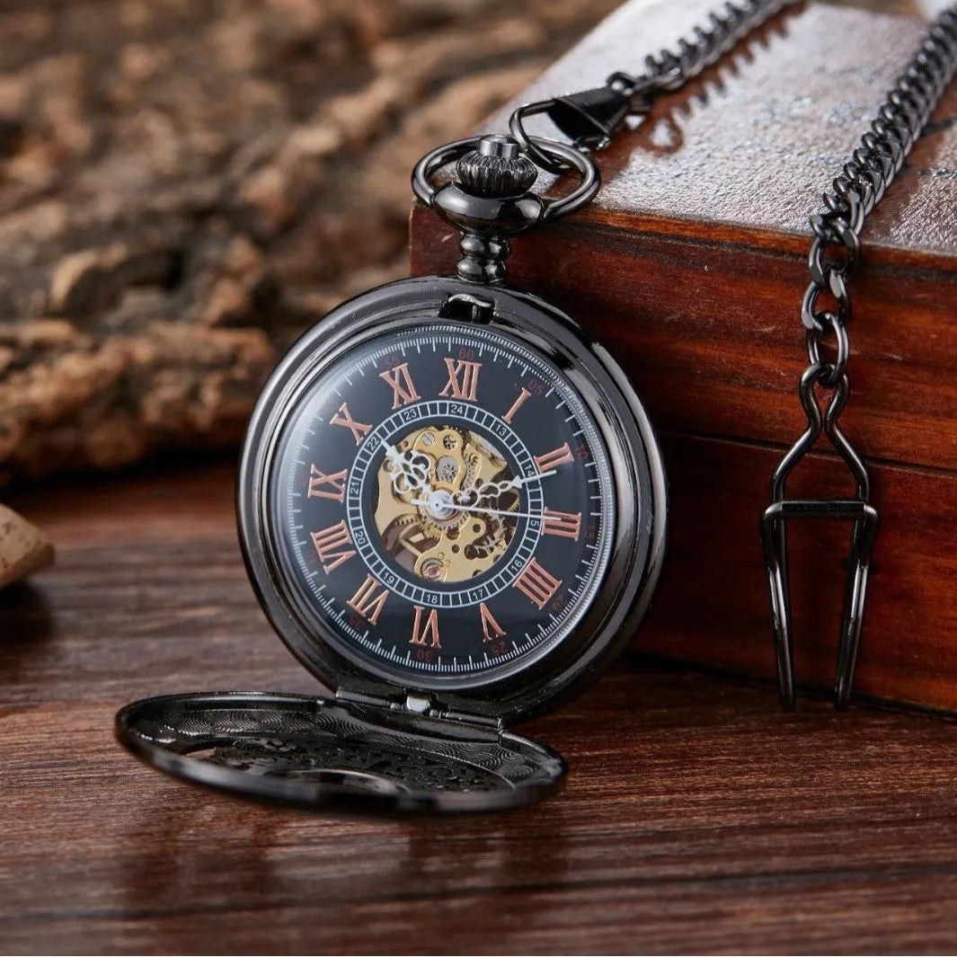 Retro floral print automatic mechanical pocket watch with transparent case back in gold finish.